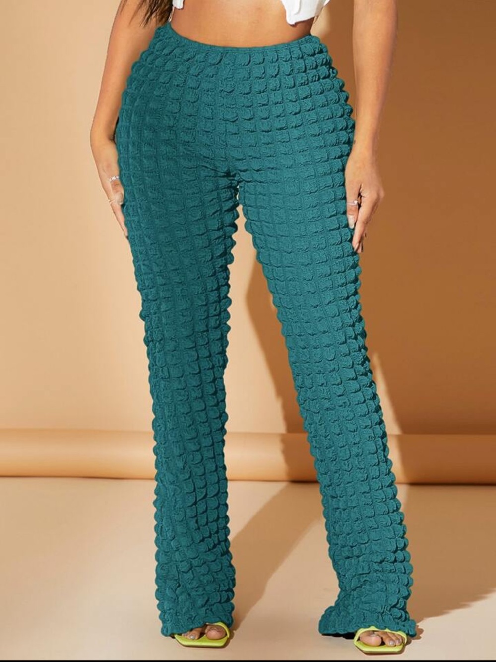 SHEIN Teal Blue Ruched Flare Leggings Textured Grid Pattern Vacation Summer Pool